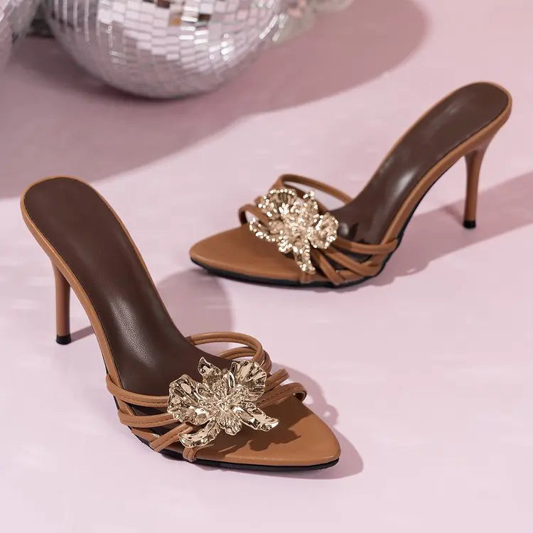 Gold Flower Leather High Heels
