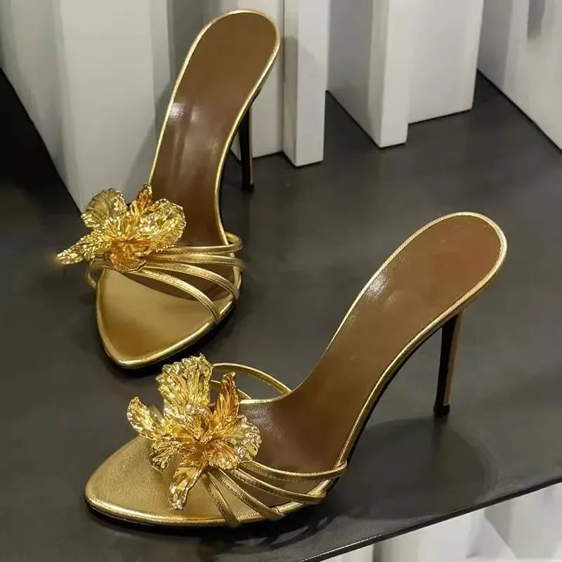 Gold Flower Leather High Heels