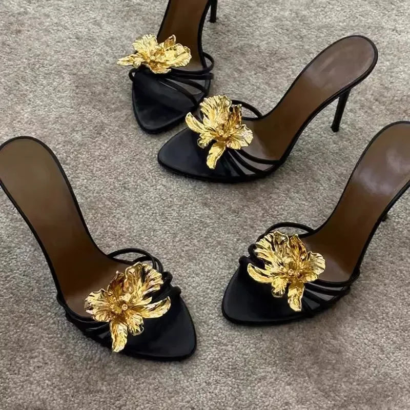 Gold Flower Leather High Heels