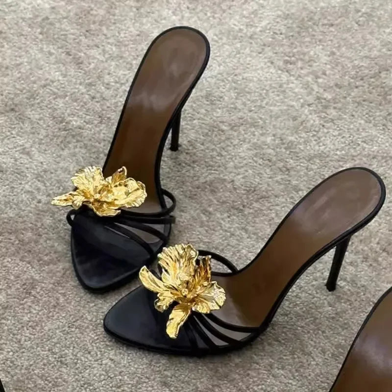 Gold Flower Leather High Heels